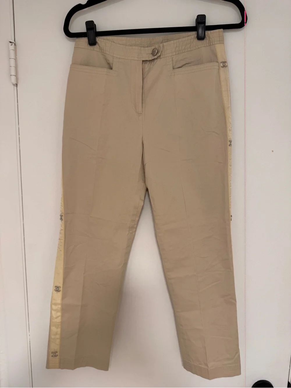 CHANEL VINTAGE KHAKI ANKLE TRACK TROUSERS-SIZE 40-MINT CONDITION